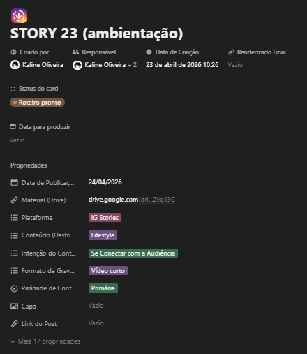 Pauta detalhada do Story 23, com responsáveis e etapa de produção