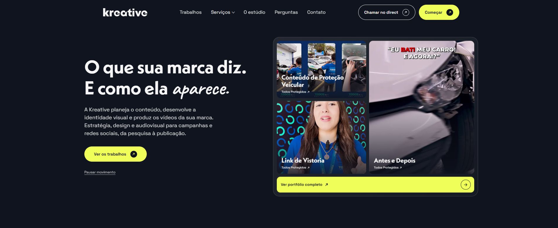 Captura real do site Estúdio Kreative, com apresentação e trabalhos do portfólio